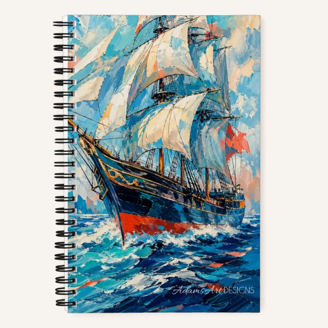 Vibrant Sailing Ship Impressionist Ocean Art Notebook (Front)