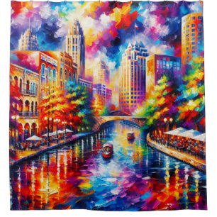 “Vibrant San Antonio Riverwalk with Riverboats" Shower Curtain
