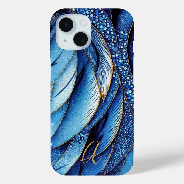 Vibrant Sapphire Blue Gold Feathers Monogrammed Case-Mate iPhone Case (Back)