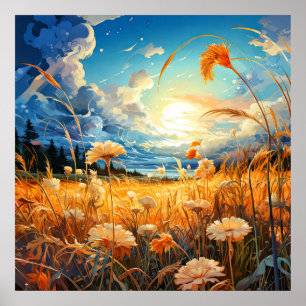 Vibrant Scenic Prairie Illustration Poster