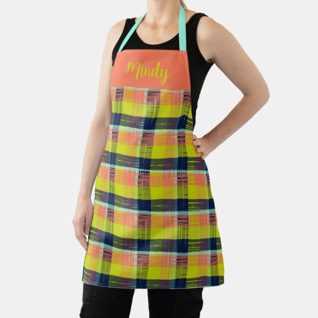 Vibrant Scribble Plaid Design in Yellow Coral Navy Apron (Insitu)