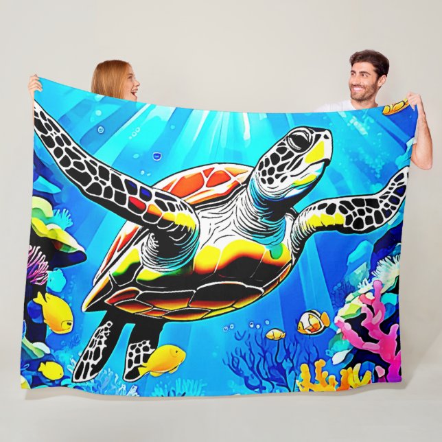Vibrant Sea Turtle Dreamscape Fleece Blanket (In Situ)