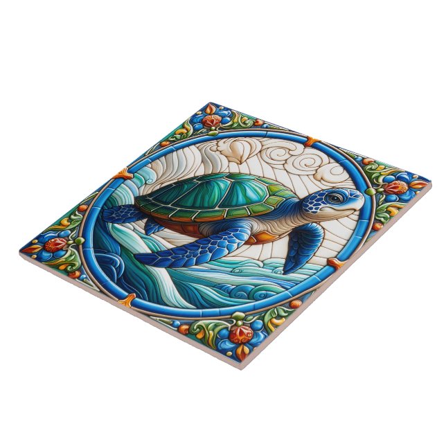 Vibrant Sea Turtle in Colourful Waves Ceramic Tile (Side)