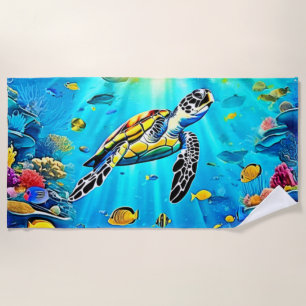 Vibrant Sea Turtle Reef Art Beach Towel