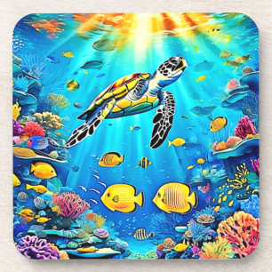 Vibrant Sea Turtle Reef Art Coaster