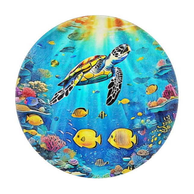 Vibrant Sea Turtle Reef Art Cutting Board (Front)