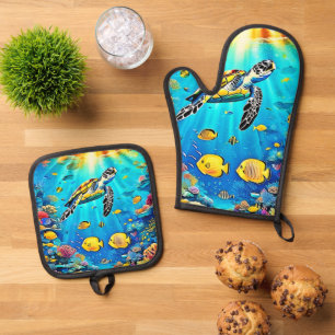 Vibrant Sea Turtle Reef Art Oven Mitt & Pot Holder Set