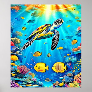 Vibrant Sea Turtle Reef Art Poster
