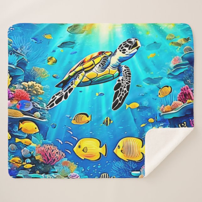 Vibrant Sea Turtle Reef Art Sherpa Blanket (Front (Horizontal))