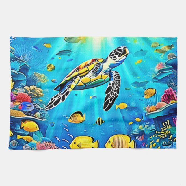Vibrant Sea Turtle Reef Art Tea Towel (Horizontal)