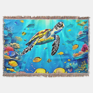 Vibrant Sea Turtle Reef Art Throw Blanket