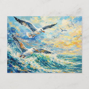 Vibrant Seagulls Over Ocean Waves Impressionist Holiday Postcard