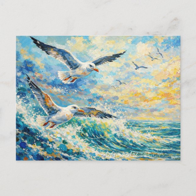 Vibrant Seagulls Over Ocean Waves Impressionist Holiday Postcard (Front)
