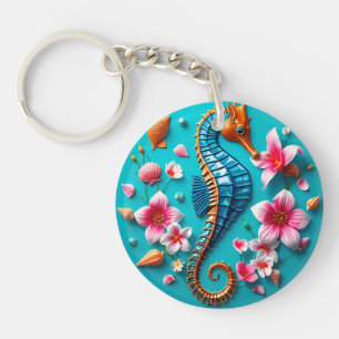 Vibrant Seahorse and Coral Reef Scene Key Ring
