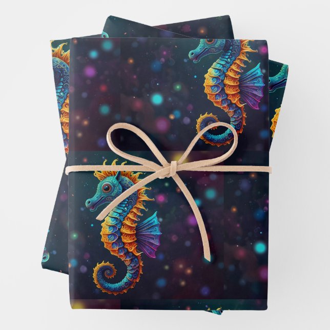 Vibrant Seahorse Parade – Colourful Ocean-Inspired Wrapping Paper Sheet (In situ)