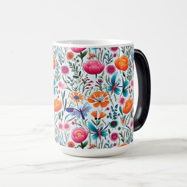 Vibrant Seamless Floral Design with Fresh Flowers Magic Mug (Front Right)