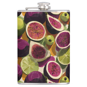 Vibrant Seamless Pattern of Sliced Figs and Limes Hip Flask