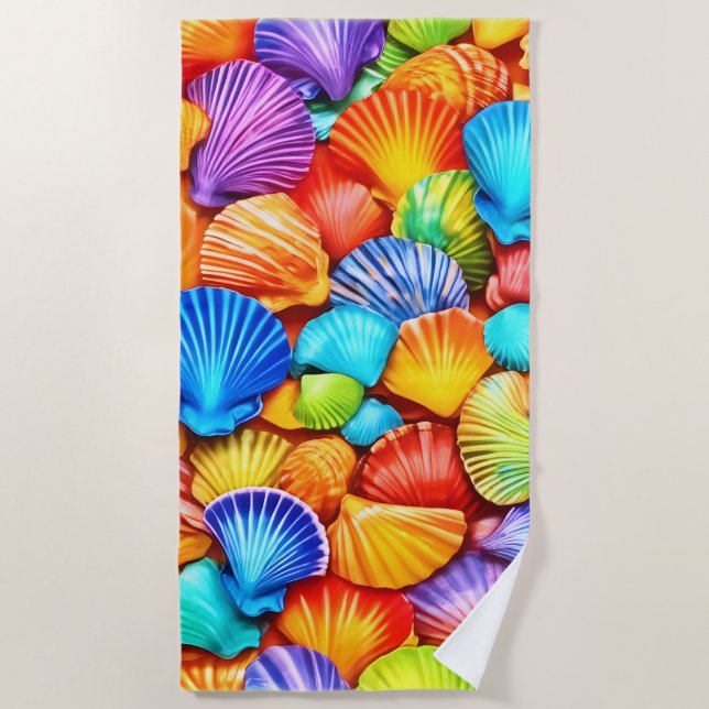Vibrant Seashell Symphony Art Beach Towel (Front)