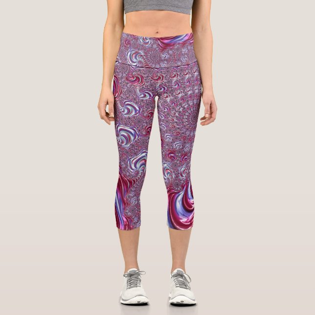 Vibrant Shiny Groovy Trippy Spiralling Fractal Art Capri Leggings (Front)