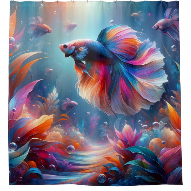 “Vibrant Siamese Fighting Fish Art” Shower Curtain (Front)