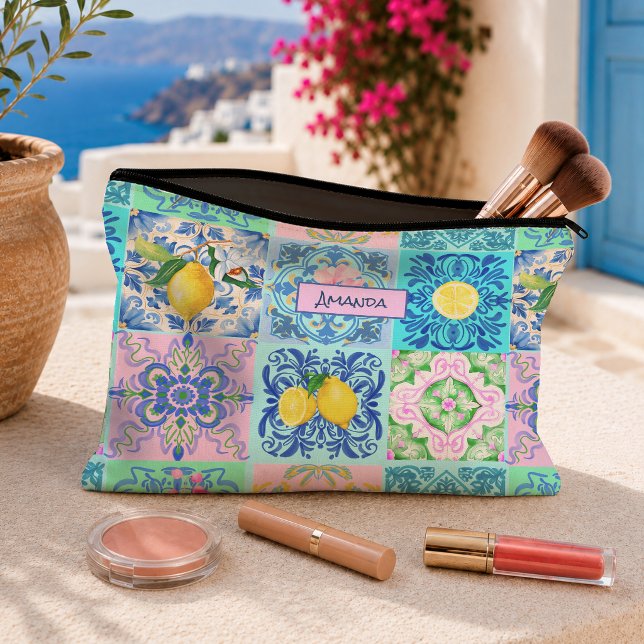Vibrant Sicilian Turquoise Azulejo Citrus Tile Accessory Pouch (Creator Uploaded)