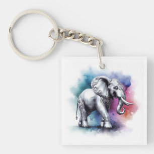 Vibrant Silver Elephant Watercolor Key Ring