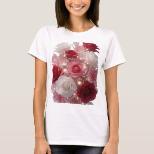 Vibrant Silver RED AND WHITE ROSES WITH GLITTER T-Shirt