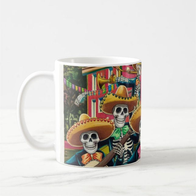 Vibrant Skeleton Mariachi Band Día de Los muertos Coffee Mug (Left)