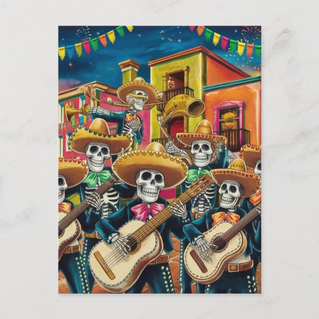 Vibrant Skeleton Mariachi Band Día de Los muertos Holiday Postcard (Front)