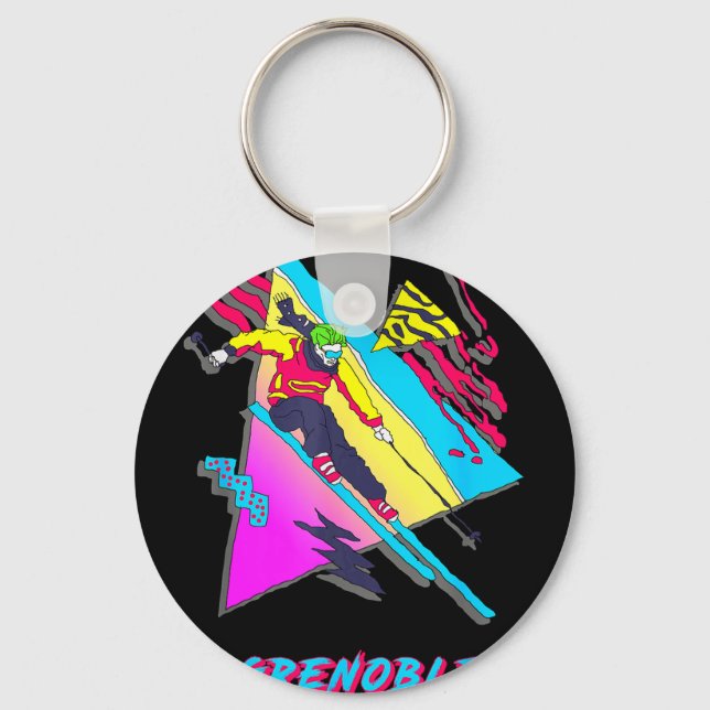 Vibrant skiing design featuring grenoble text ski key ring (Front)