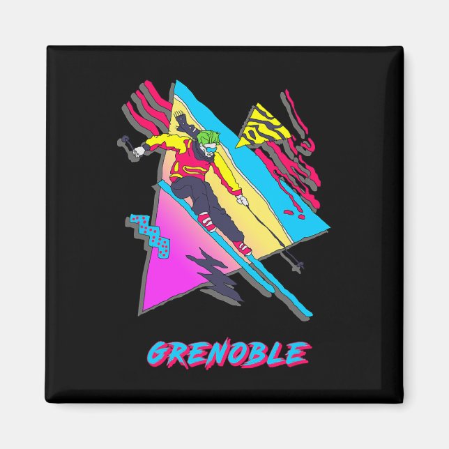 Vibrant Skiing Design Featuring Grenoble Text Ski  Magnet (Front)