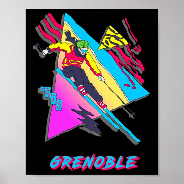 Vibrant Skiing Design Featuring Grenoble Text Ski  Poster (Front)