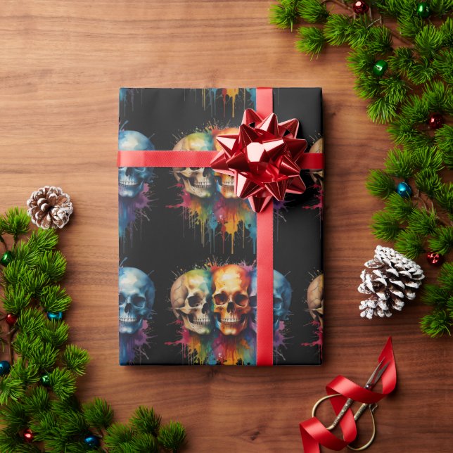 Vibrant Skull Art on Black Background Wrapping Paper (Holiday Gift)