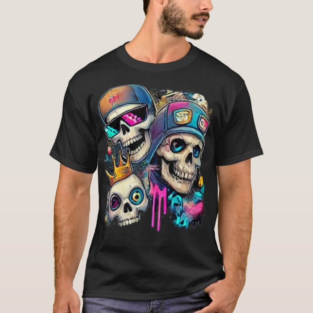 "Vibrant Skull T-Shirt, Unique Neon Street Art  T-Shirt (Front)