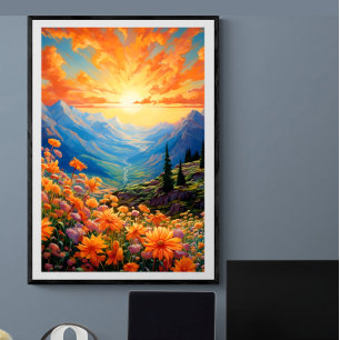 Vibrant sky mountain valley wildflower   Ai Poster