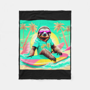 Vibrant Sloth Surfing Graphic Fun Beach Scene Desi Fleece Blanket