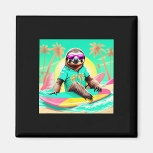 Vibrant Sloth Surfing Graphic Fun Beach Scene Desi Magnet