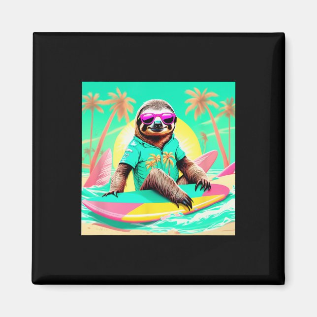 Vibrant Sloth Surfing Graphic Fun Beach Scene Desi Magnet (Front)