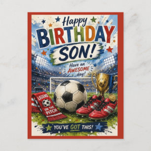vibrant soccer-themed Red Son birthday card 