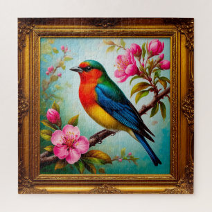 Vibrant Songbird on Flowering Branch Jigsaw Puzzle