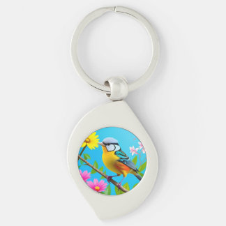 Vibrant Songbird Perched on a Flowering Branch Key Ring