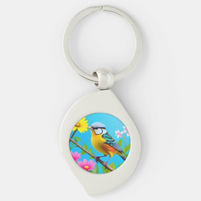 Vibrant Songbird Perched on a Flowering Branch Key Ring (Front)