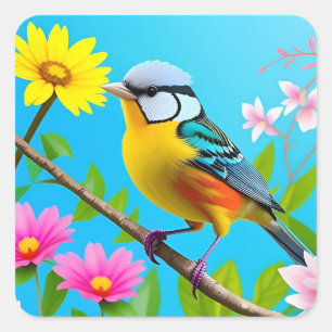 Vibrant Songbird Perched on a Flowering Branch Square Sticker