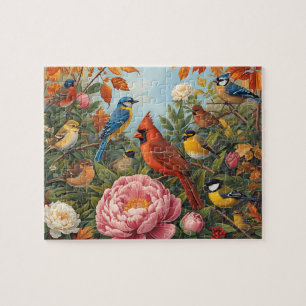 Vibrant Songbirds Autumn Flowers Jigsaw Puzzle