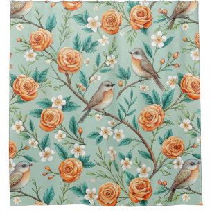 Vibrant Songbirds Orange Flowers Green Leaves Shower Curtain