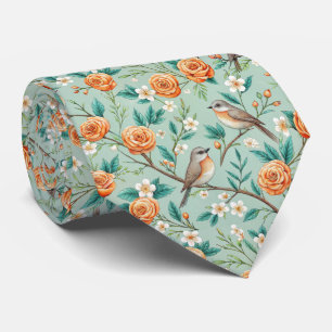 Vibrant Songbirds Orange Flowers Green Leaves Tie