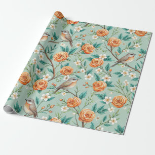Vibrant Songbirds Orange Flowers Green Leaves Wrapping Paper