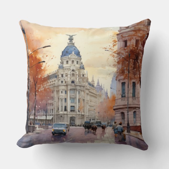 Vibrant Spanish City Street Watercolor - Autumn Cushion (Front)