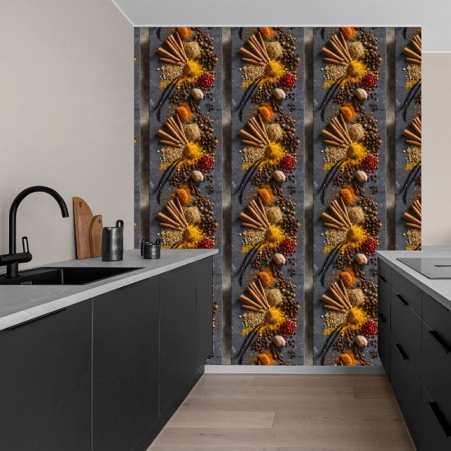 Vibrant Spices on Dark Grey Stone DIY Peel & Stick Wallpaper (Creator Uploaded)