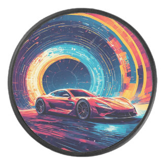 Vibrant Sports Car in a Dynamic Abstract Art Hockey Puck